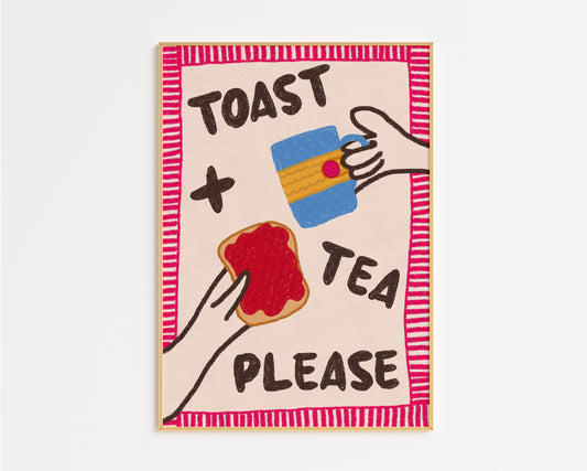 Toast and Tea Please Hand Drawn Kitchen Print - in Pink