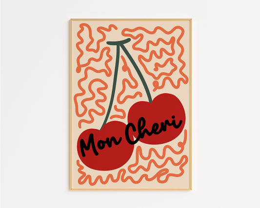 Mon Chéri Cherry Wall Art Print – Retro Kitchen Poster in Orange