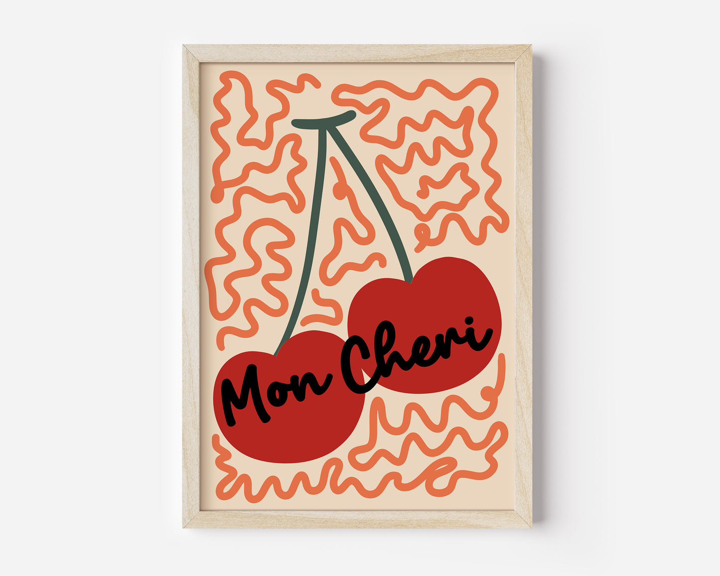 Mon Chéri Cherry Wall Art Print – Retro Kitchen Poster in Orange