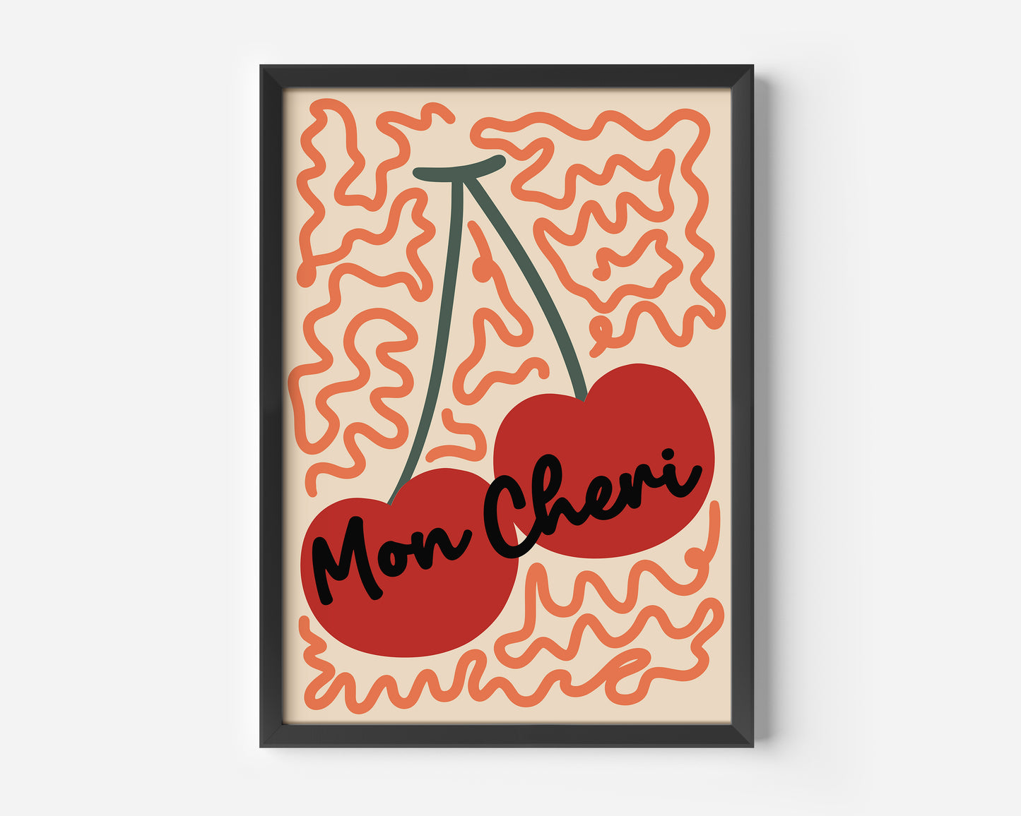 Mon Chéri Cherry Wall Art Print – Retro Kitchen Poster in Orange