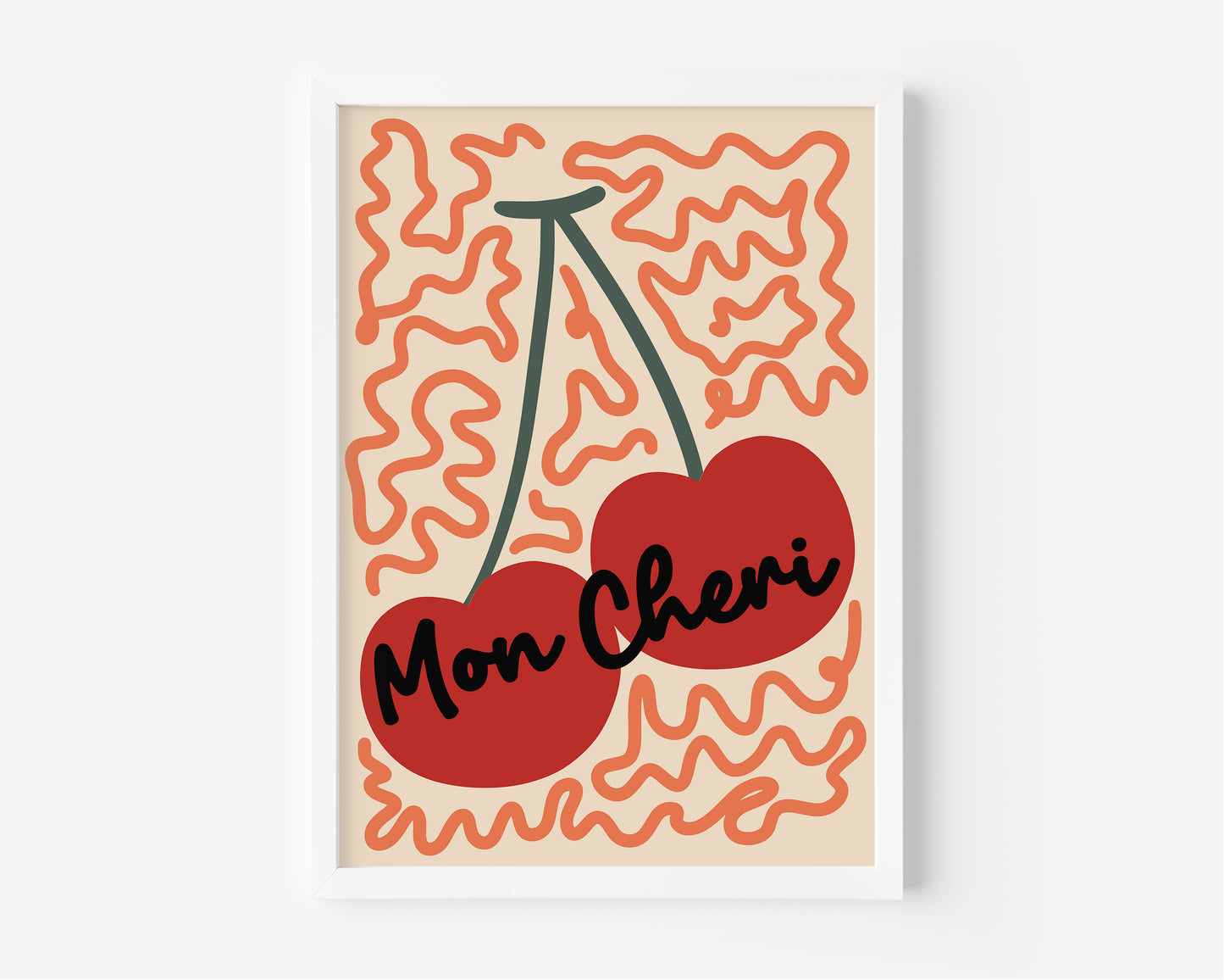 Mon Chéri Cherry Wall Art Print – Retro Kitchen Poster in Orange
