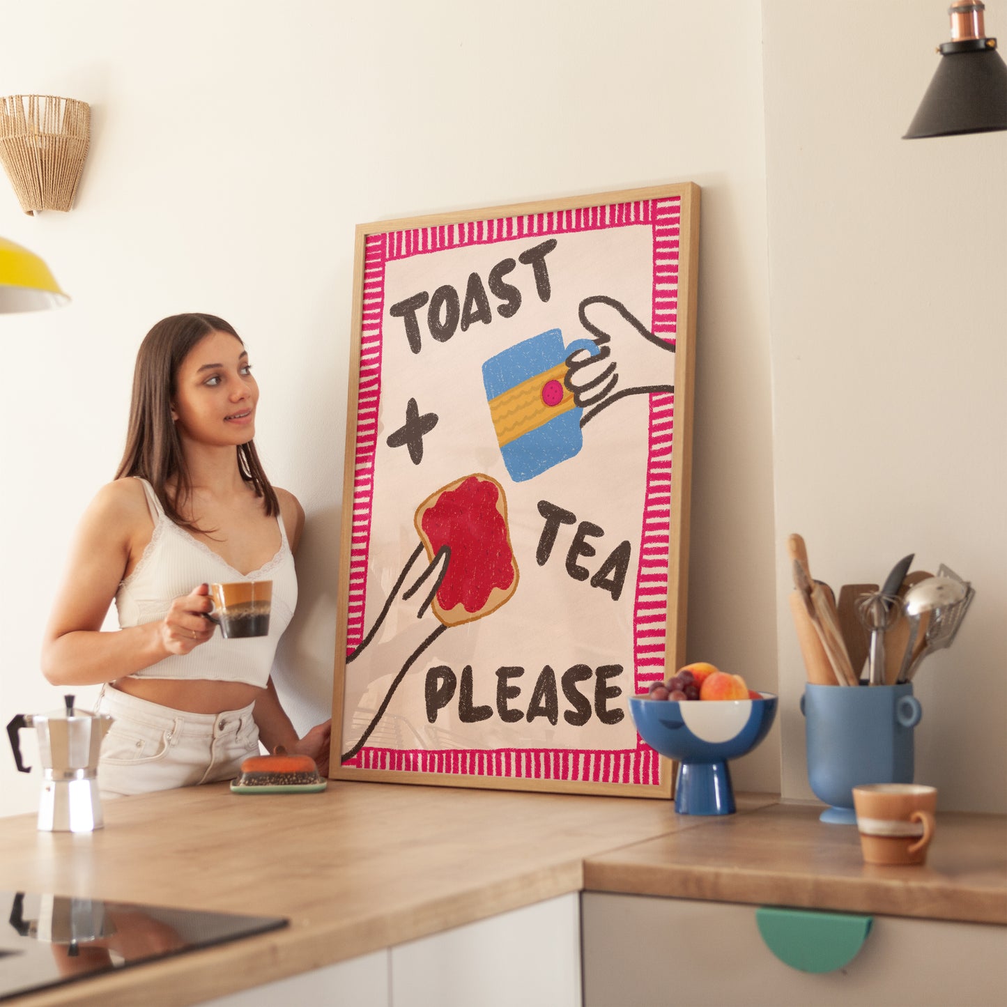 Toast and Tea Please Hand Drawn Kitchen Print - in Pink