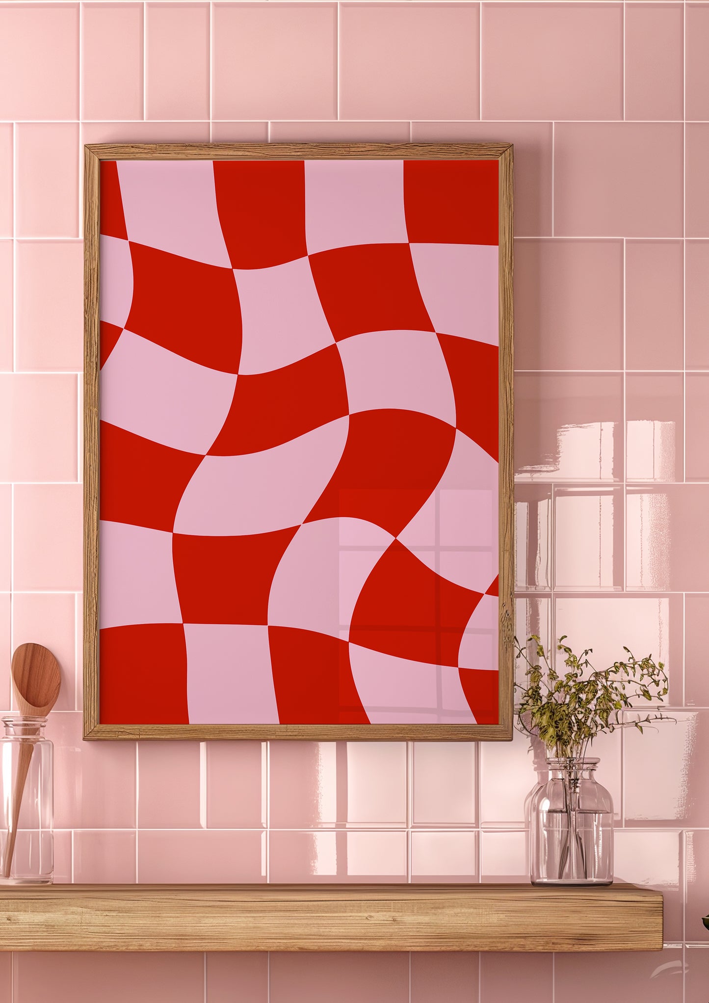 Red & Pink Wavy Checkerboard Print