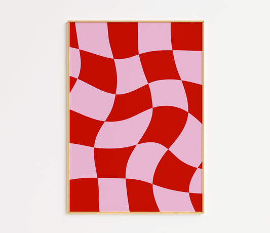 Red & Pink Wavy Checkerboard Print