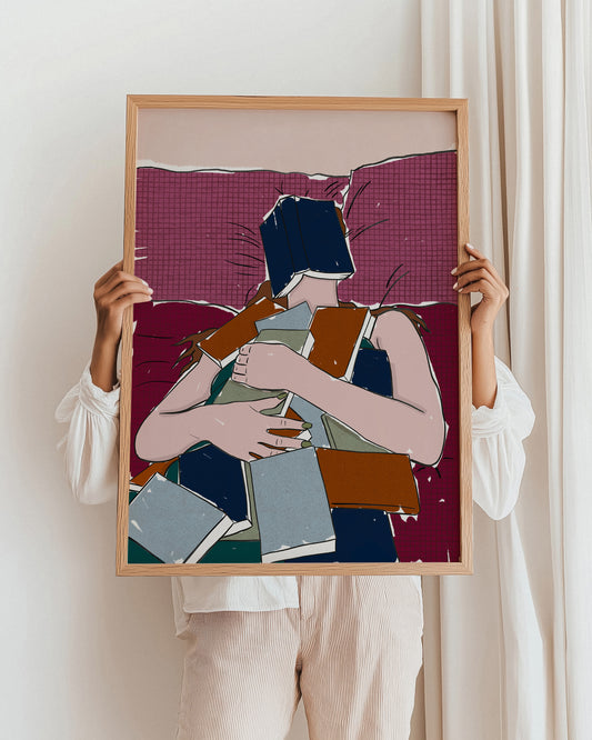 Girl laying in bed covered in books print