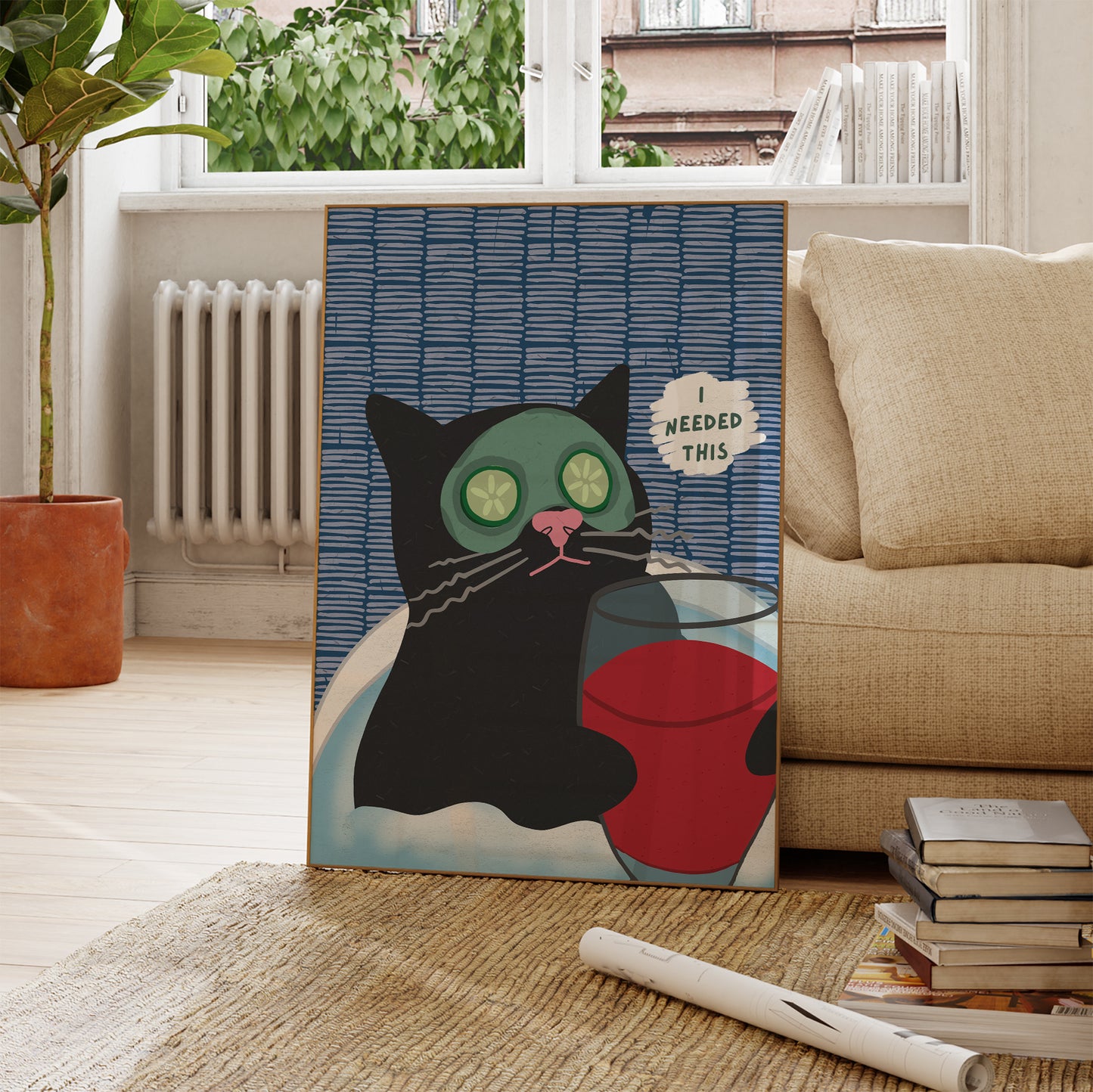 Cat drinking wine in the bath print