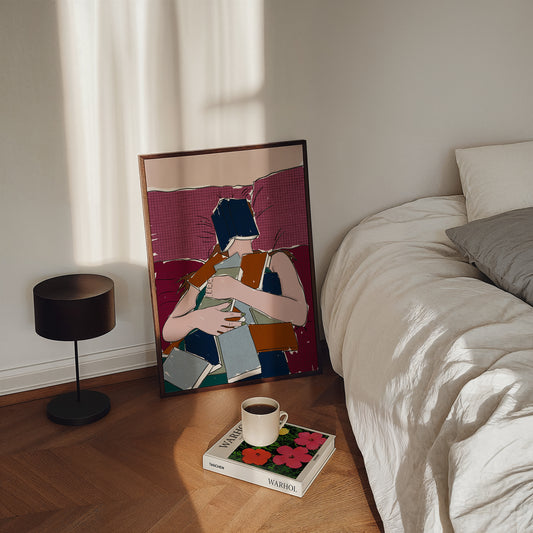 Girl laying in bed covered in books print
